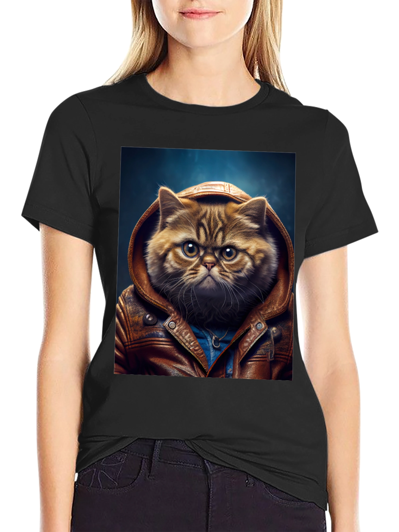 Cat in Leather Jacket Graphic T-Shirt