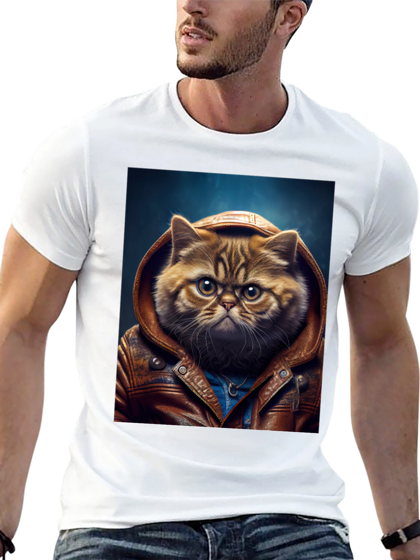 Cat in Leather Jacket Graphic T-Shirt