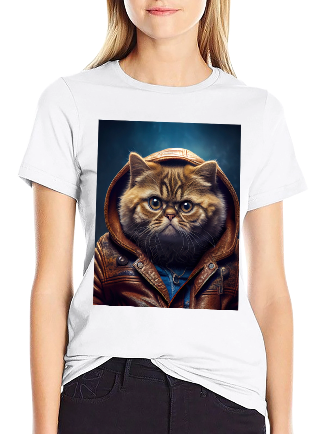 Cat in Leather Jacket Graphic T-Shirt
