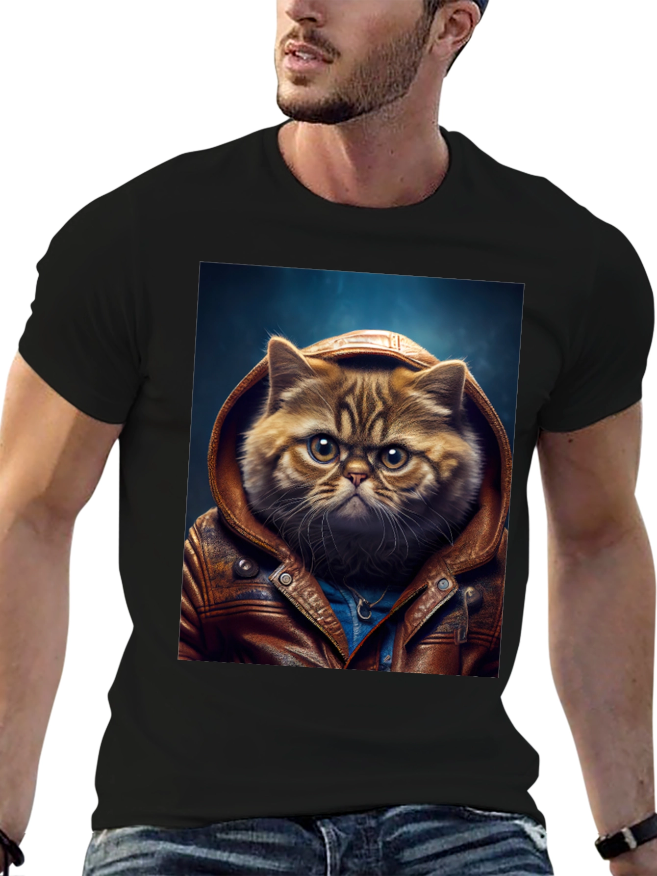 Cat in Leather Jacket Graphic T-Shirt