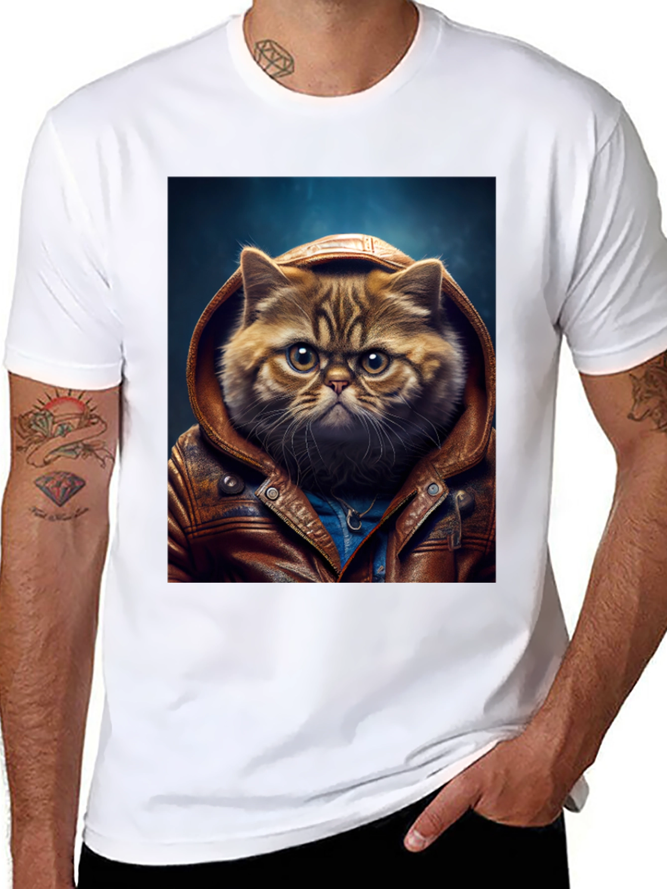 Cat in Leather Jacket Graphic T-Shirt