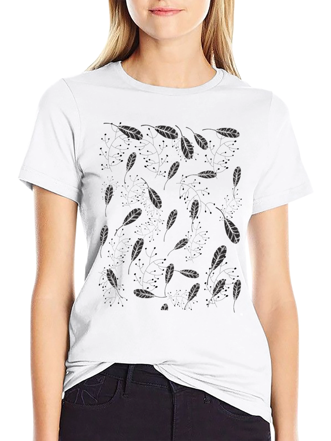 Black Leaf Print T-Shirt