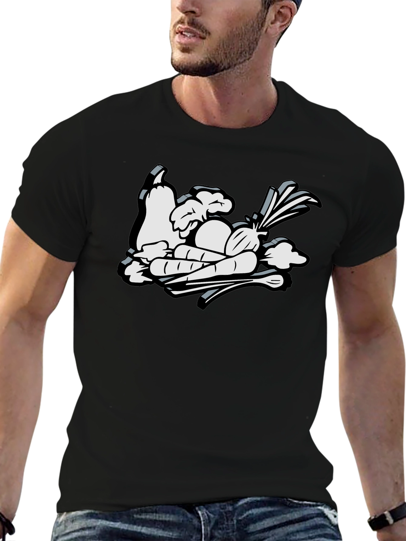 Cartoon Vegetable Graphic Black Tee