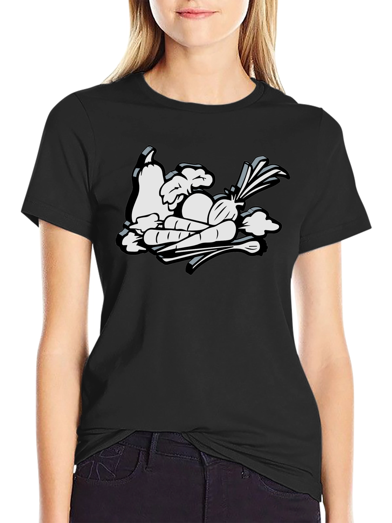 Cartoon Vegetable Graphic Black Tee