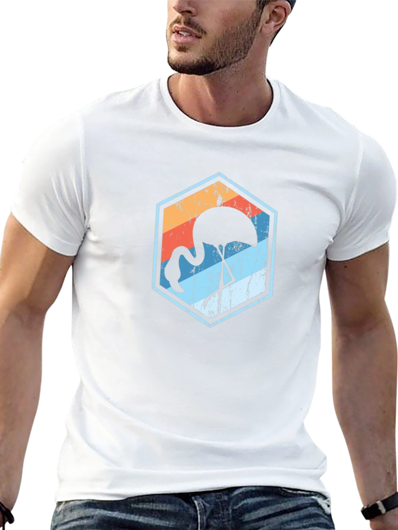 Retro Flamingo Graphic Tee - Black Cotton Blend T-Shirt