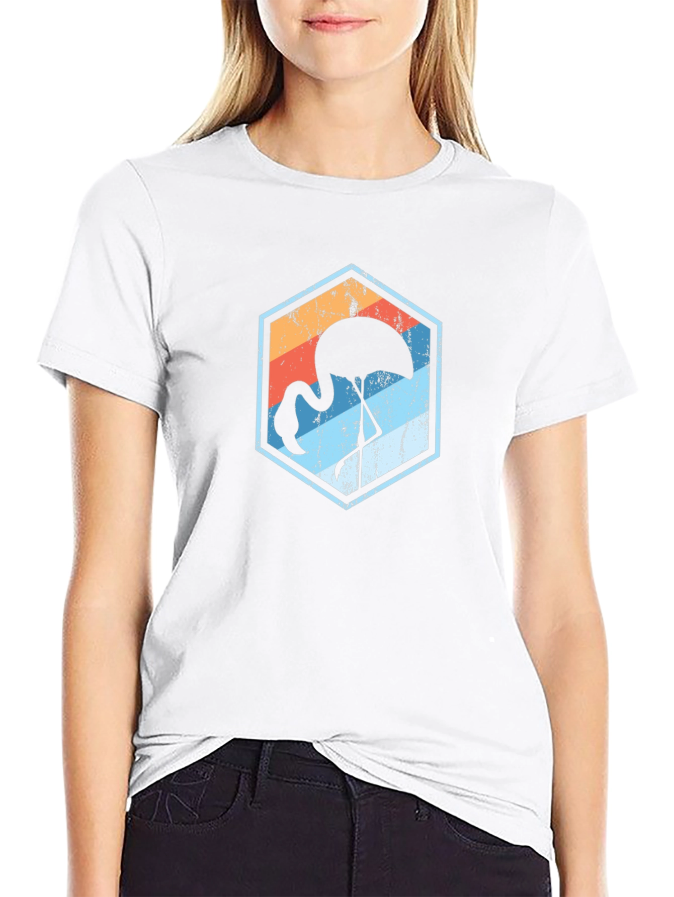 Retro Flamingo Graphic Tee - Black Cotton Blend T-Shirt