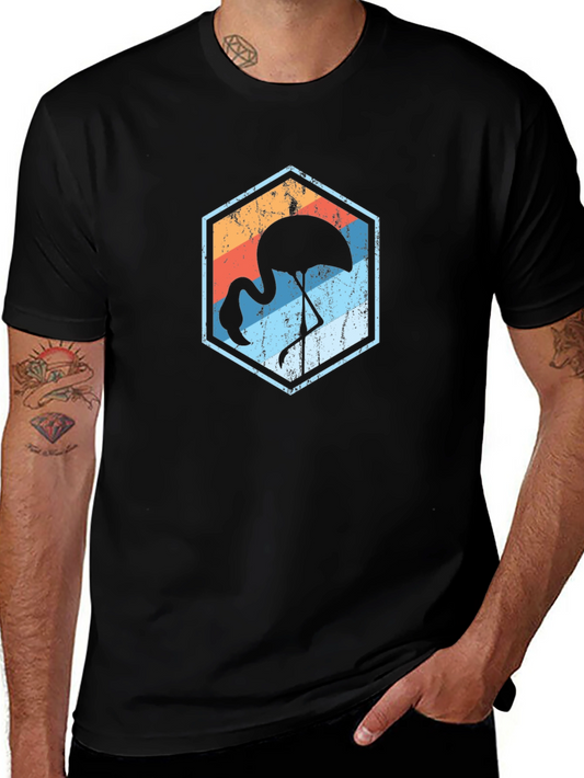 Retro Flamingo Graphic Tee - Black Cotton Blend T-Shirt