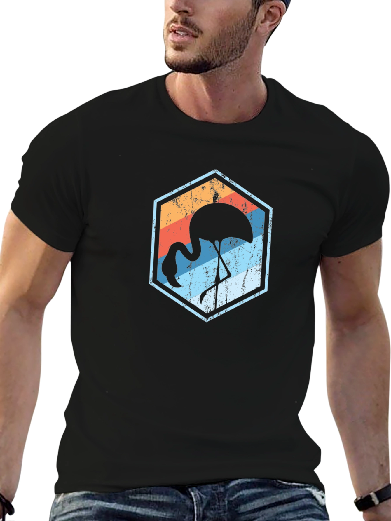 Retro Flamingo Graphic Tee - Black Cotton Blend T-Shirt