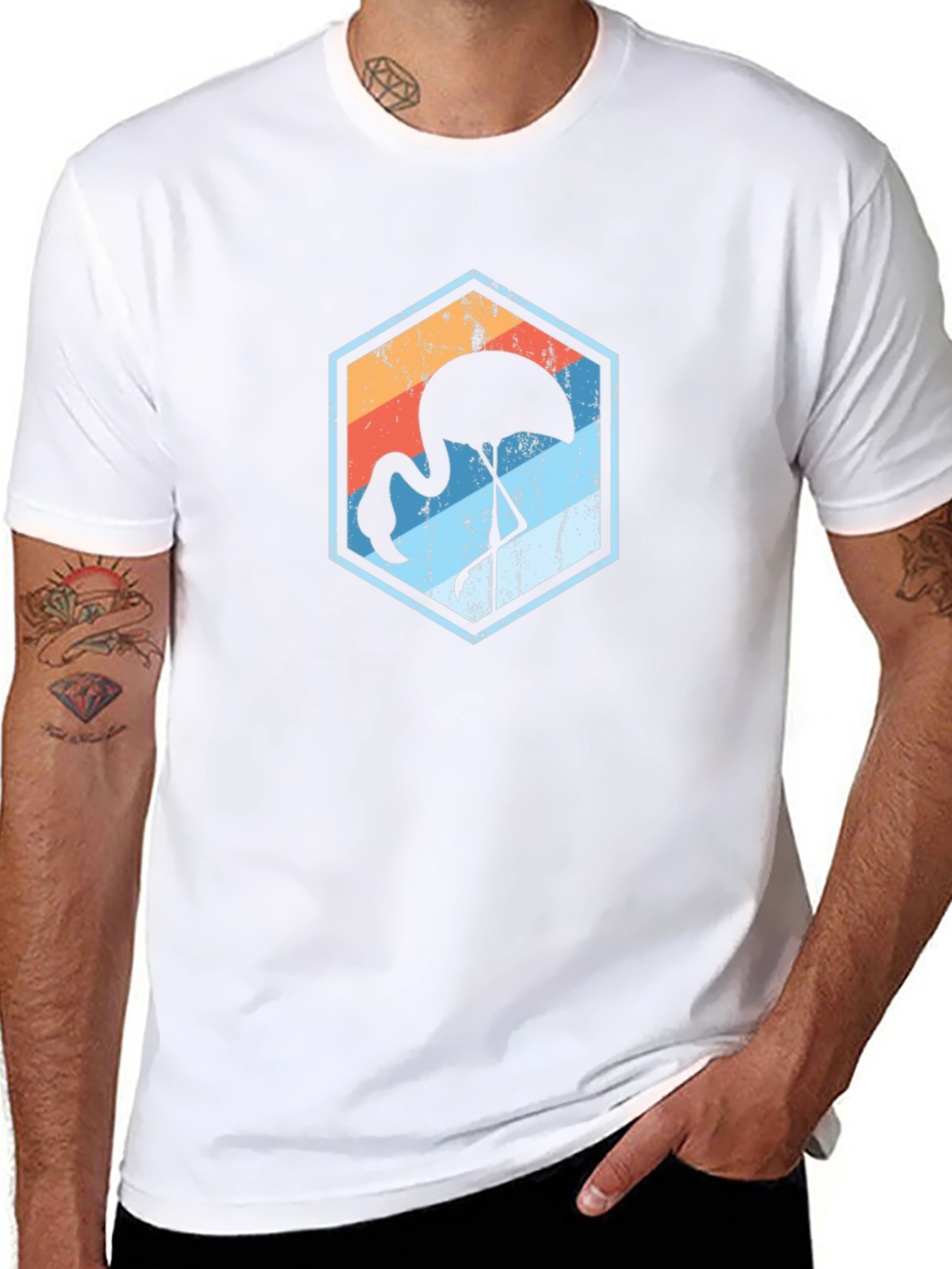Retro Flamingo Graphic Tee - Black Cotton Blend T-Shirt