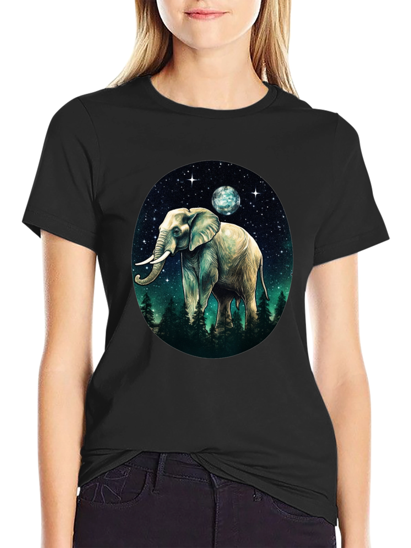 Elephant Moon Graphic Tee - Black Cotton Comfort
