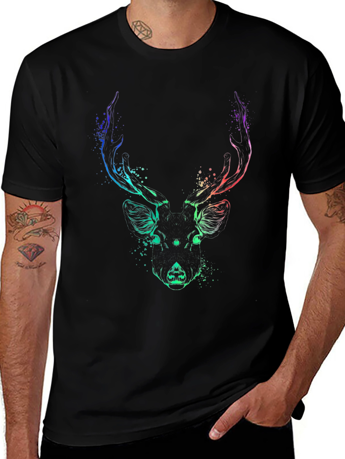 Abstract Deer Graphic Black T-Shirt