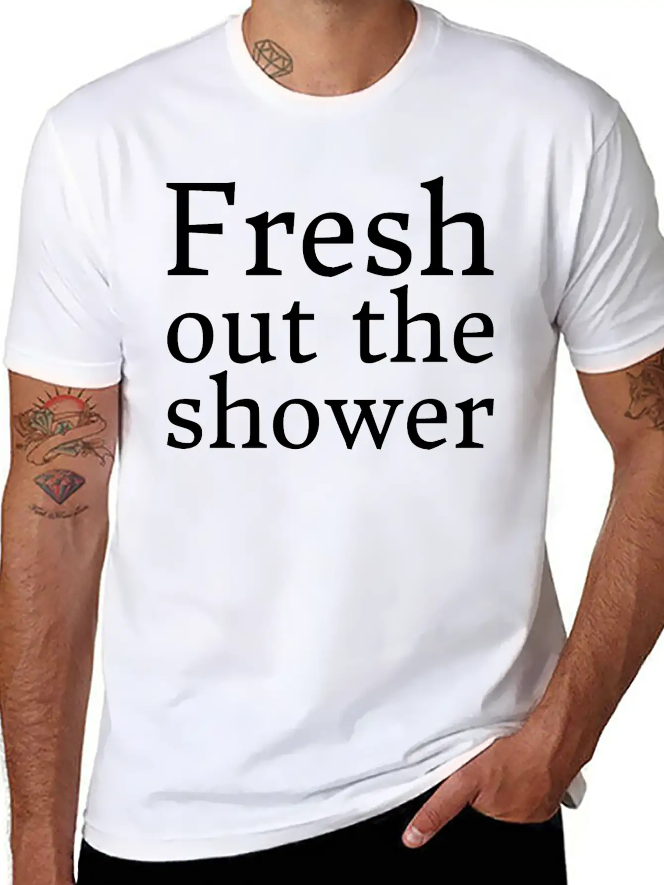 Text: Fresh Out The Shower (white) Essential Unisex Summer Tee – Soft Cotton Casual Fit