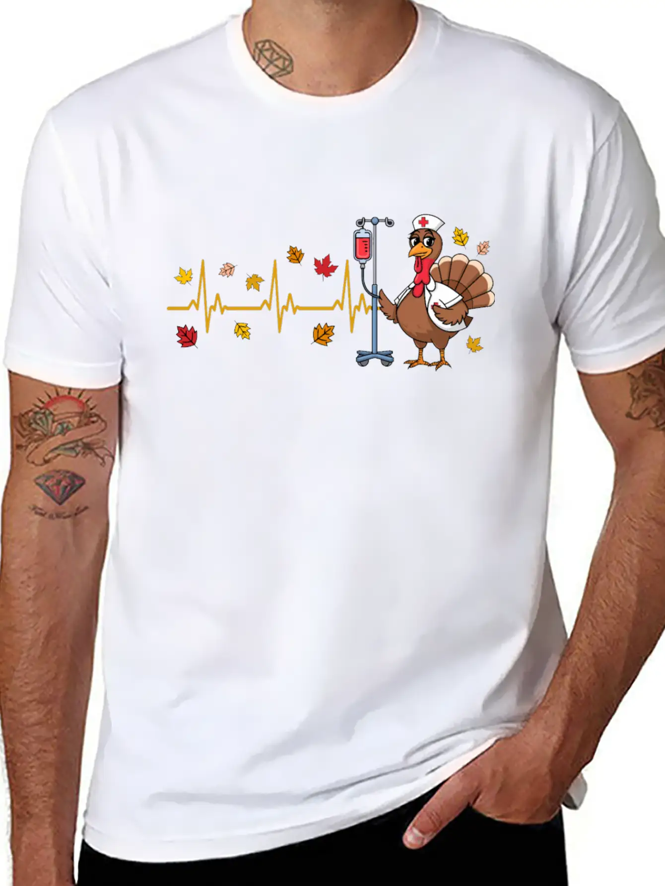 Thanksgiving Nurse Turkey Heartbeat Fall Leaves Timeless Short Sleeve Tee – Comfy And Minimalist Design