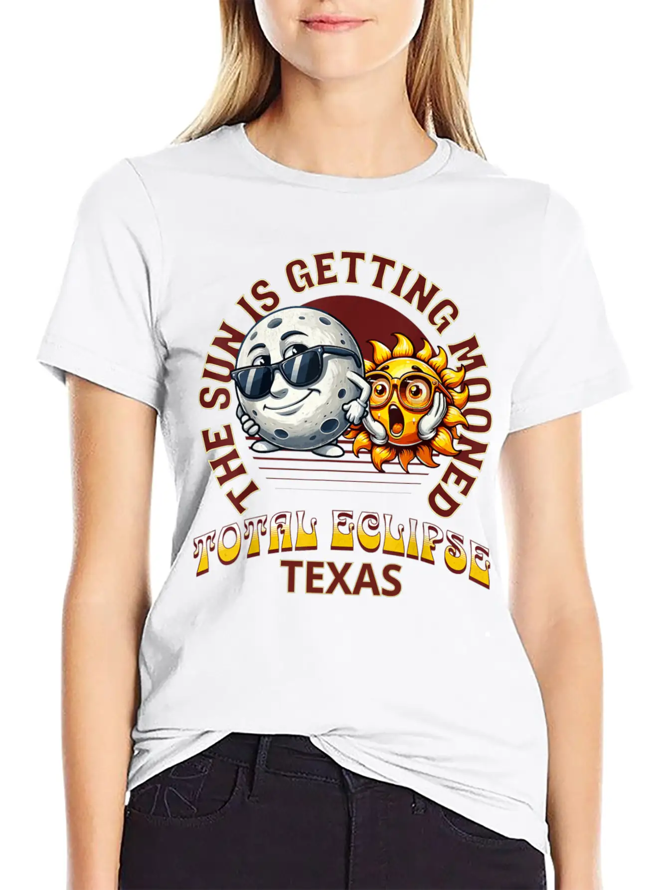 The Sun Is Getting Mooned Total Eclipse Texas 2024 Unisex Short Sleeve Soft Cotton T-Shirt – Casual Everyday Wear