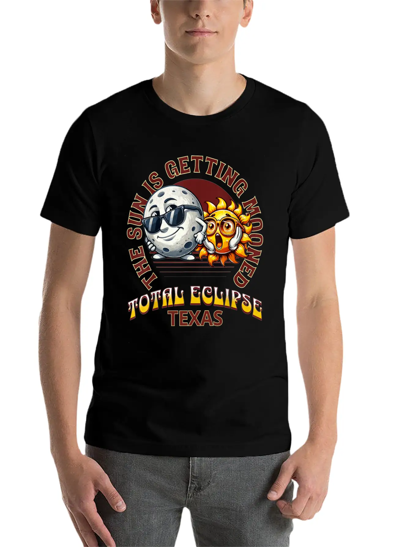 The Sun Is Getting Mooned Total Eclipse Texas 2024 Unisex Short Sleeve Soft Cotton T-Shirt – Casual Everyday Wear
