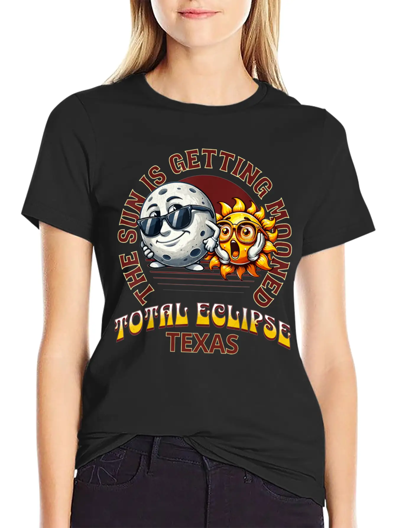 The Sun Is Getting Mooned Total Eclipse Texas 2024 Unisex Short Sleeve Soft Cotton T-Shirt – Casual Everyday Wear