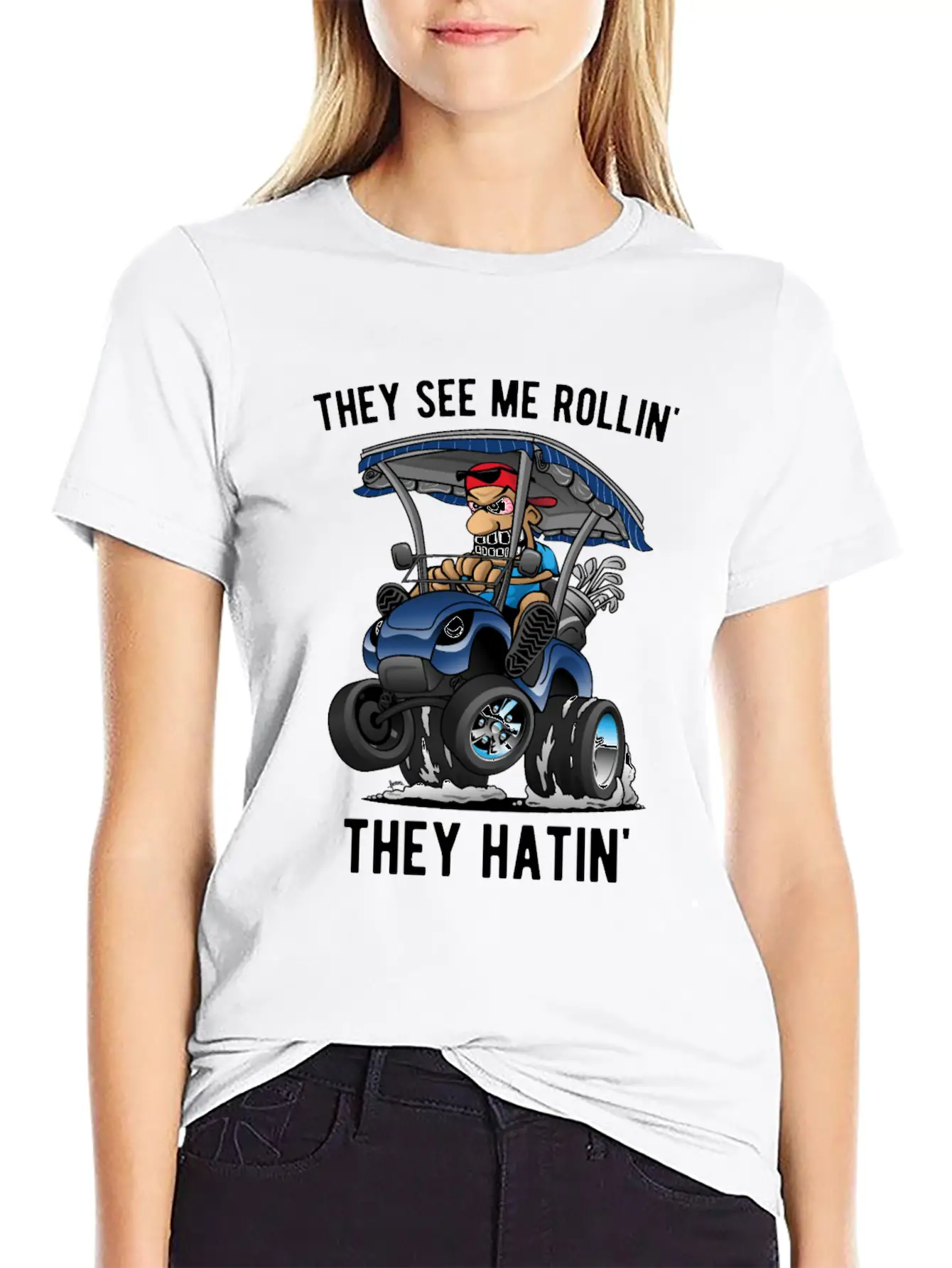 They See Me Rollin' They Hatin' Golf Cart Cartoon Unisex Short Sleeve Soft Cotton T-Shirt – Casual Everyday Wear