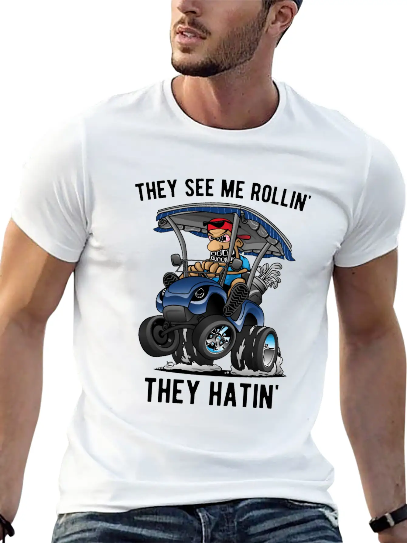 They See Me Rollin' They Hatin' Golf Cart Cartoon Unisex Short Sleeve Soft Cotton T-Shirt – Casual Everyday Wear
