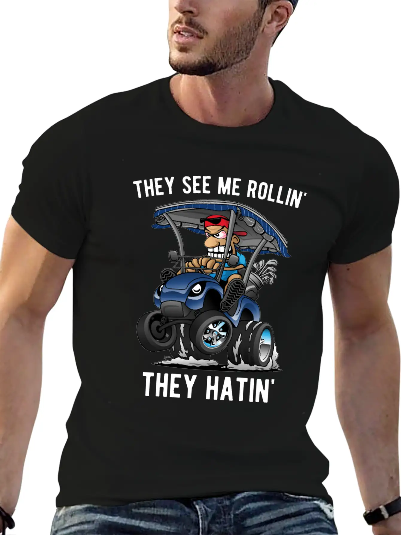 They See Me Rollin' They Hatin' Golf Cart Cartoon Unisex Short Sleeve Soft Cotton T-Shirt – Casual Everyday Wear