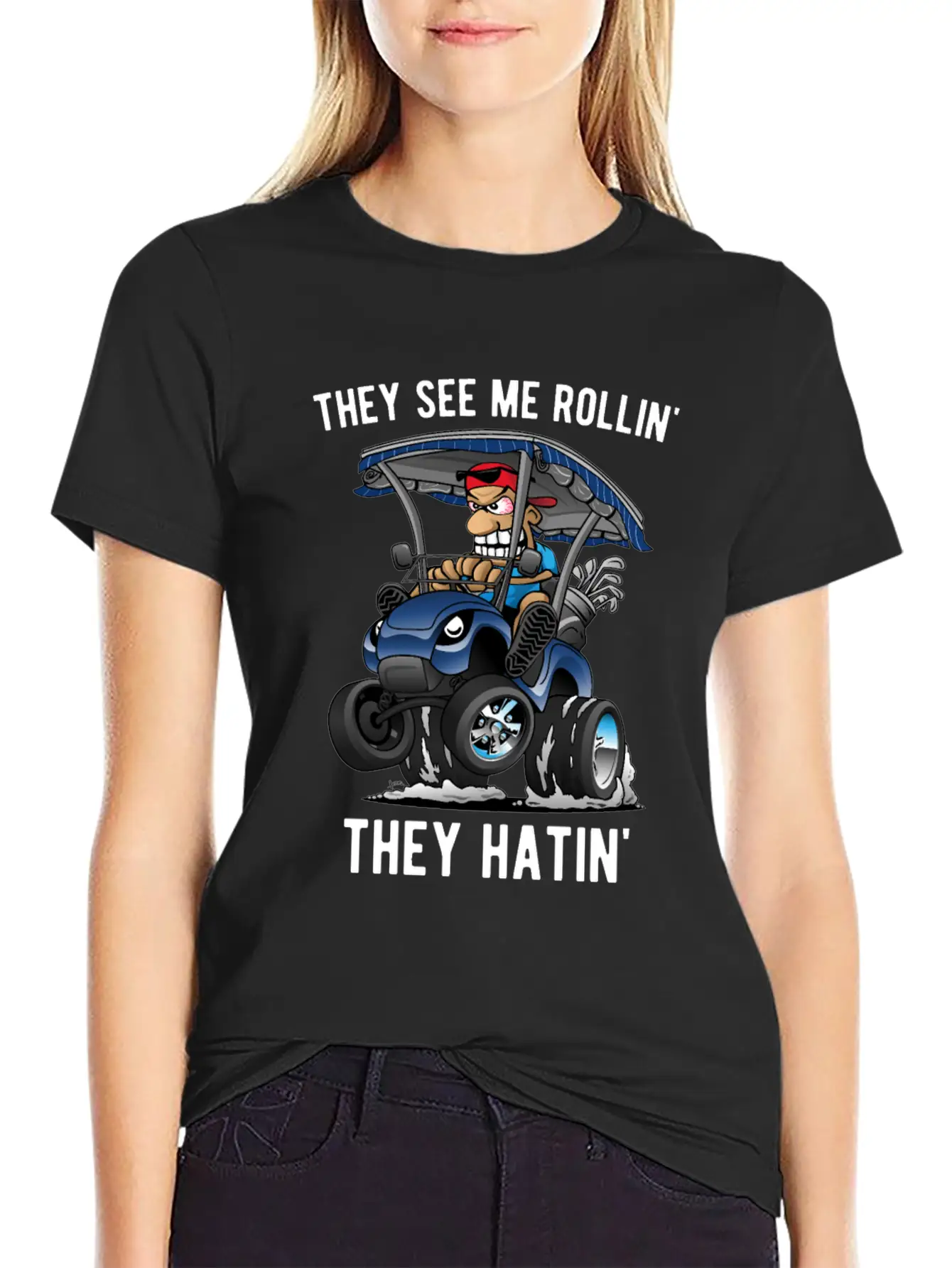 They See Me Rollin' They Hatin' Golf Cart Cartoon Unisex Short Sleeve Soft Cotton T-Shirt – Casual Everyday Wear