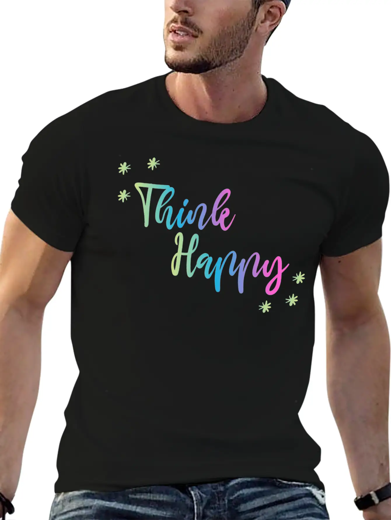 THINK HAPPY GRADIENT TRIPLE Unisex Short Sleeve Soft Cotton T-Shirt – Casual Everyday Wear