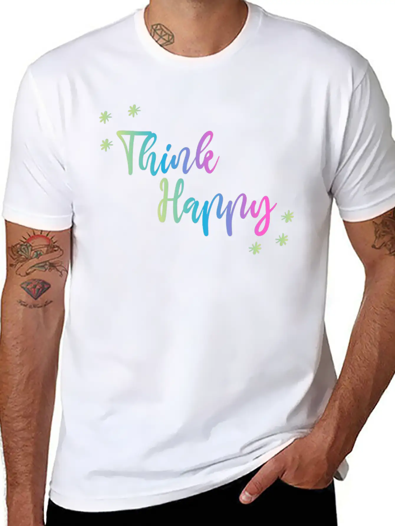 THINK HAPPY GRADIENT TRIPLE Unisex Short Sleeve Soft Cotton T-Shirt – Casual Everyday Wear