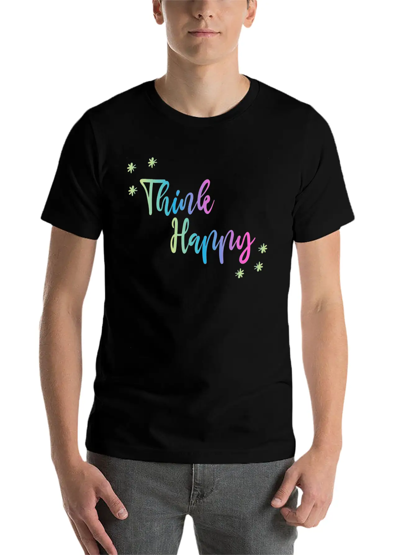 THINK HAPPY GRADIENT TRIPLE Unisex Short Sleeve Soft Cotton T-Shirt – Casual Everyday Wear