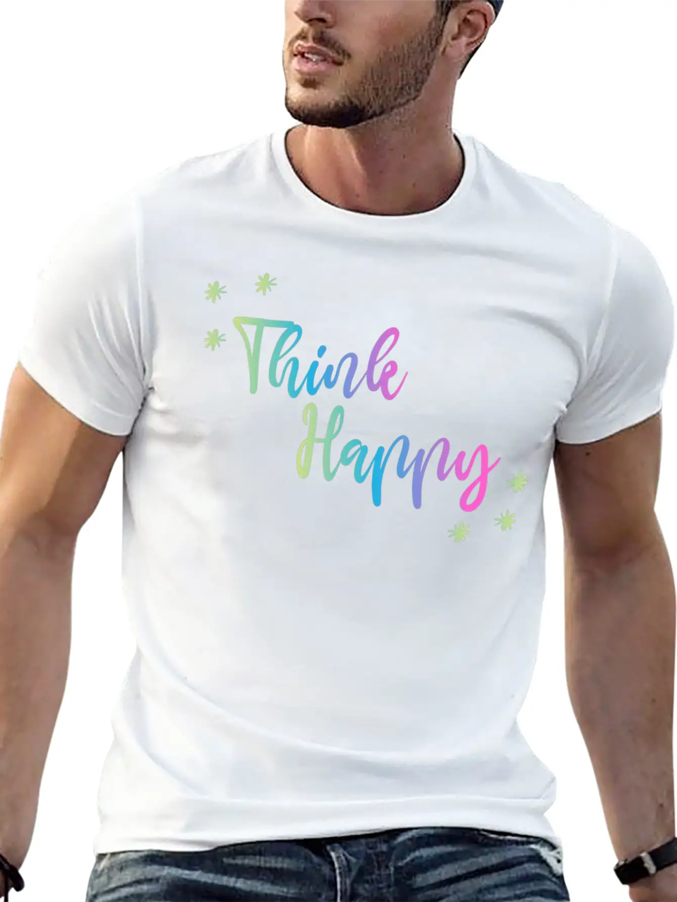 THINK HAPPY GRADIENT TRIPLE Unisex Short Sleeve Soft Cotton T-Shirt – Casual Everyday Wear