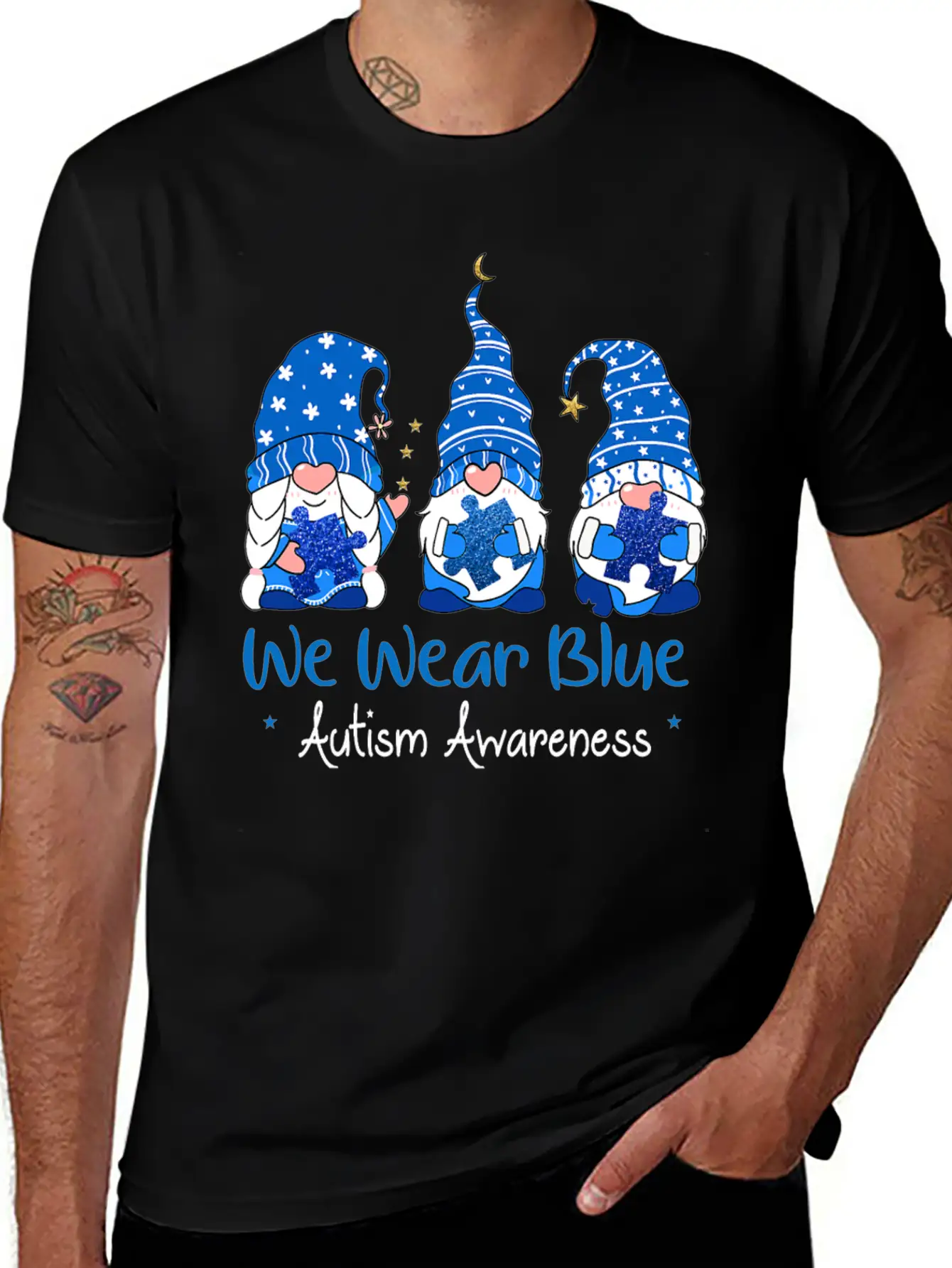 Three Gnomes Holding Blue Puzzle Autism Awareness Stylish Everyday T-Shirt – Unisex Basic Cotton Tee