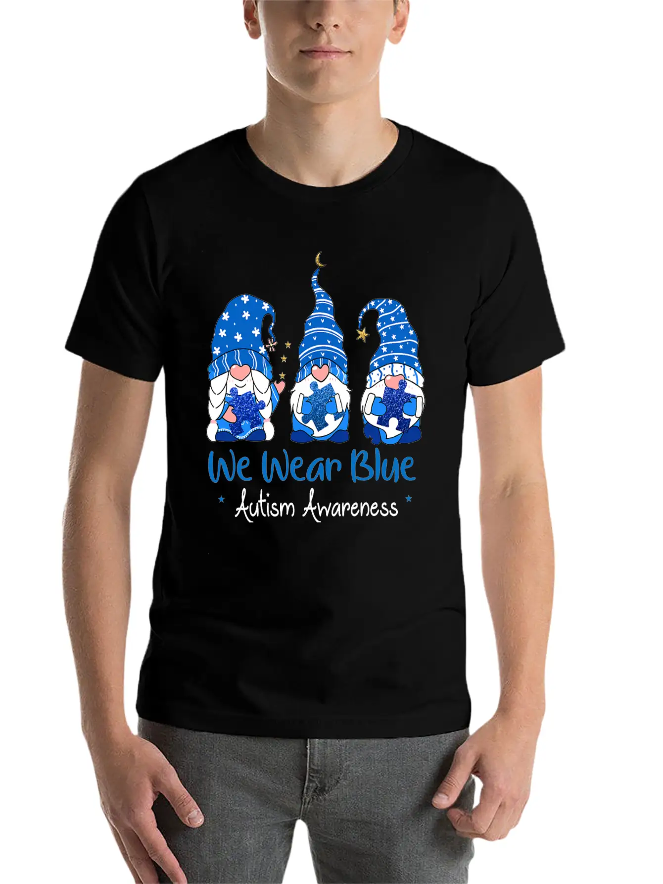 Three Gnomes Holding Blue Puzzle Autism Awareness Stylish Everyday T-Shirt – Unisex Basic Cotton Tee