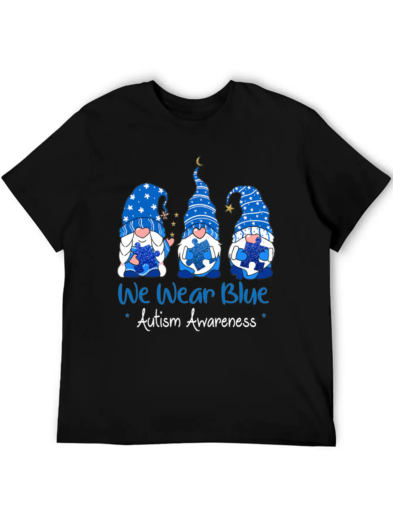 Three Gnomes Holding Blue Puzzle Autism Awareness Stylish Everyday T-Shirt – Unisex Basic Cotton Tee