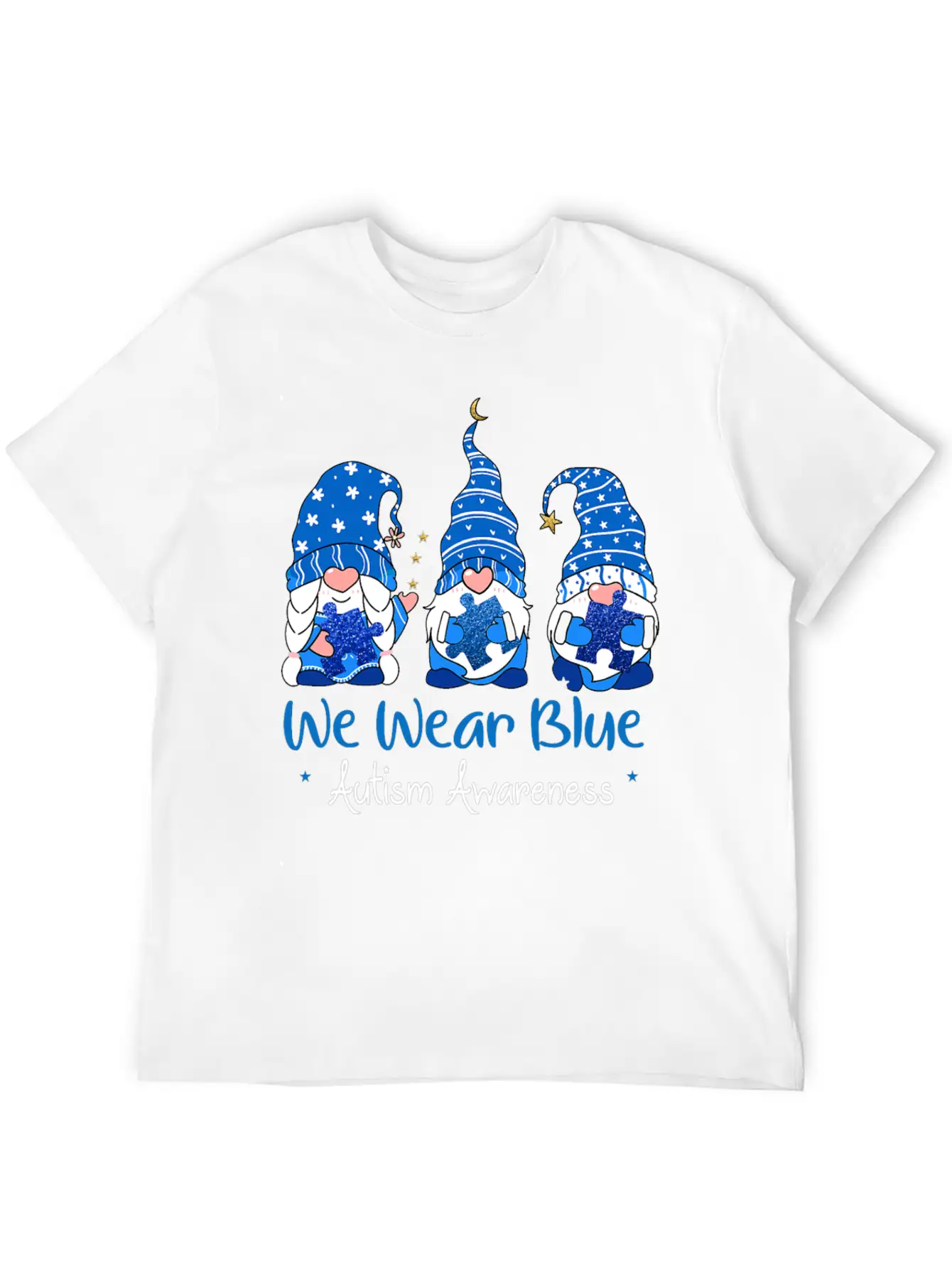 Three Gnomes Holding Blue Puzzle Autism Awareness Stylish Everyday T-Shirt – Unisex Basic Cotton Tee