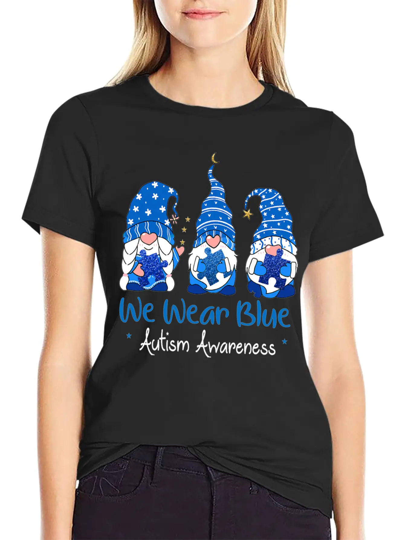 Three Gnomes Holding Blue Puzzle Autism Awareness Stylish Everyday T-Shirt – Unisex Basic Cotton Tee