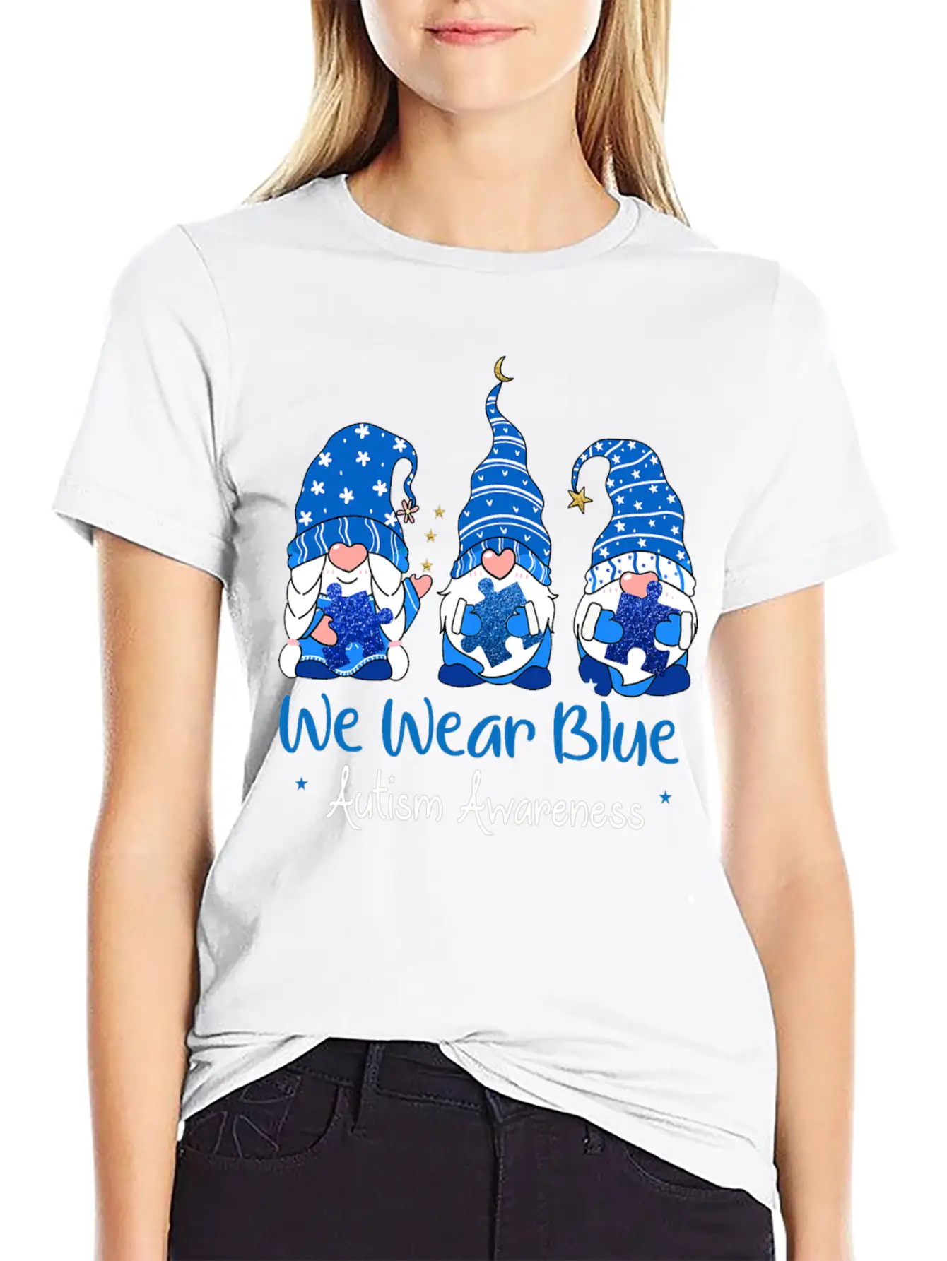 Three Gnomes Holding Blue Puzzle Autism Awareness Stylish Everyday T-Shirt – Unisex Basic Cotton Tee