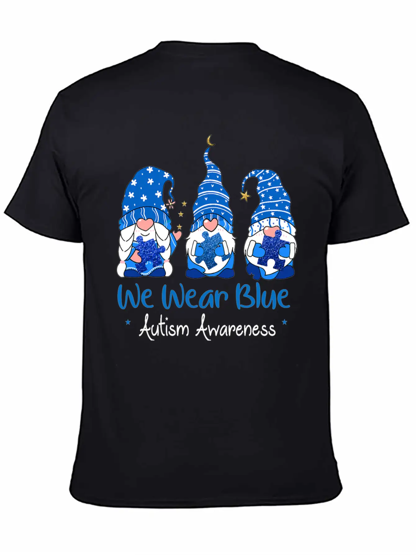 Three Gnomes Holding Blue Puzzle Autism Awareness Stylish Everyday T-Shirt – Unisex Basic Cotton Tee