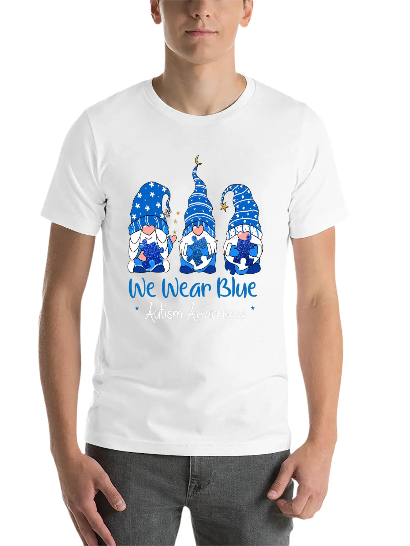 Three Gnomes Holding Blue Puzzle Autism Awareness Stylish Everyday T-Shirt – Unisex Basic Cotton Tee