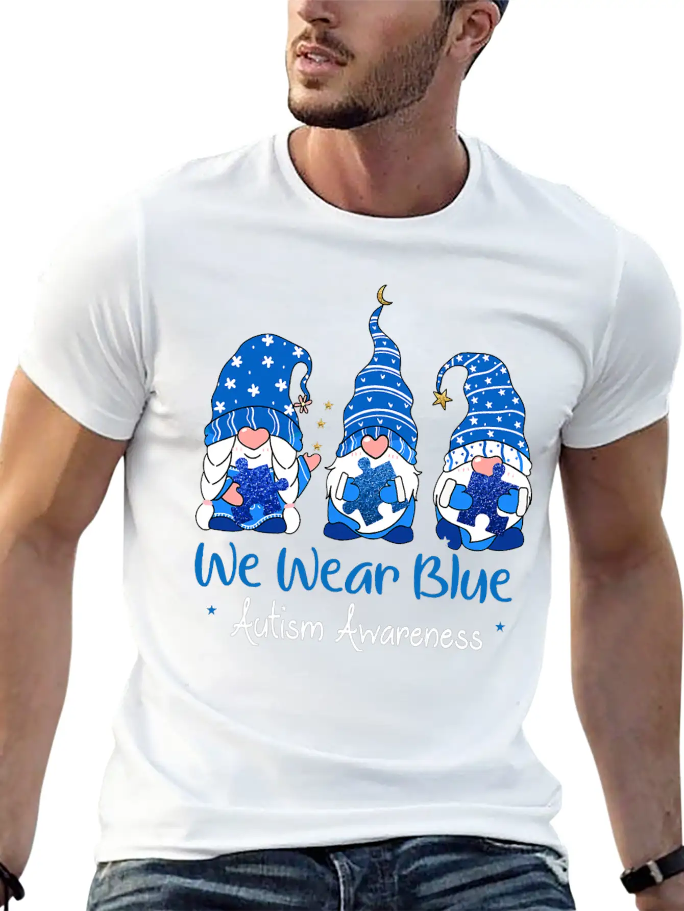 Three Gnomes Holding Blue Puzzle Autism Awareness Stylish Everyday T-Shirt – Unisex Basic Cotton Tee