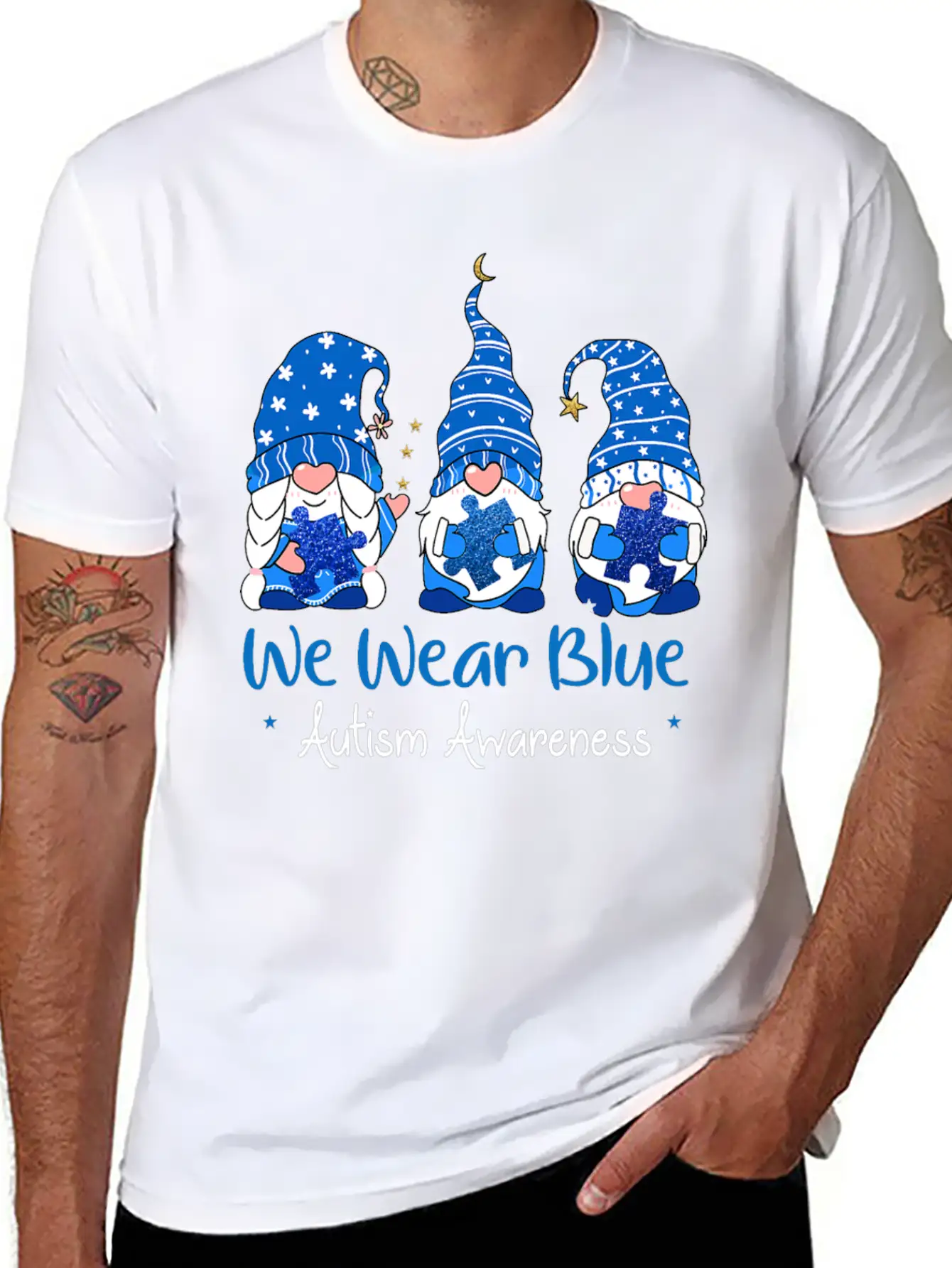 Three Gnomes Holding Blue Puzzle Autism Awareness Stylish Everyday T-Shirt – Unisex Basic Cotton Tee