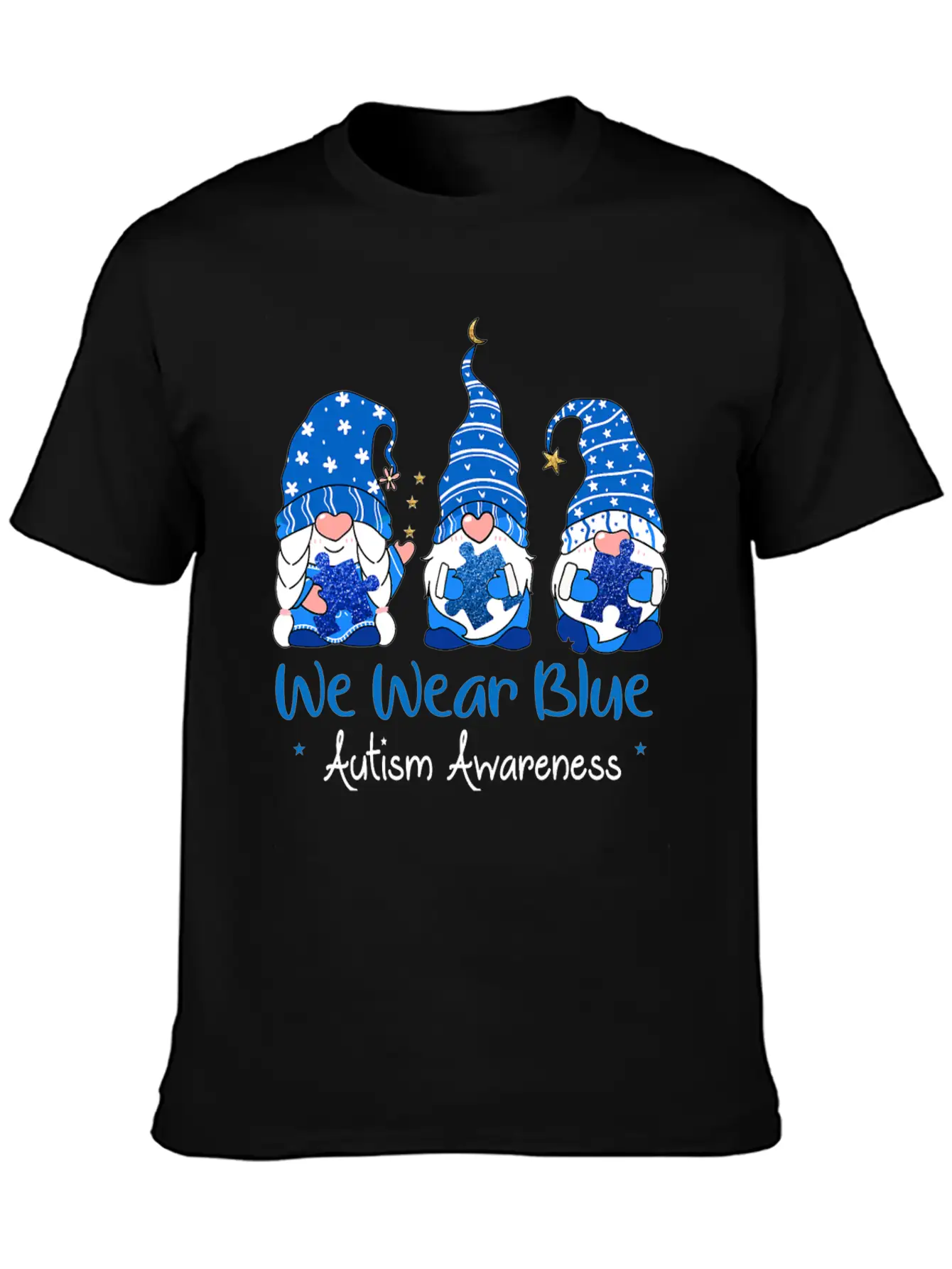 Three Gnomes Holding Blue Puzzle Autism Awareness Stylish Everyday T-Shirt – Unisex Basic Cotton Tee