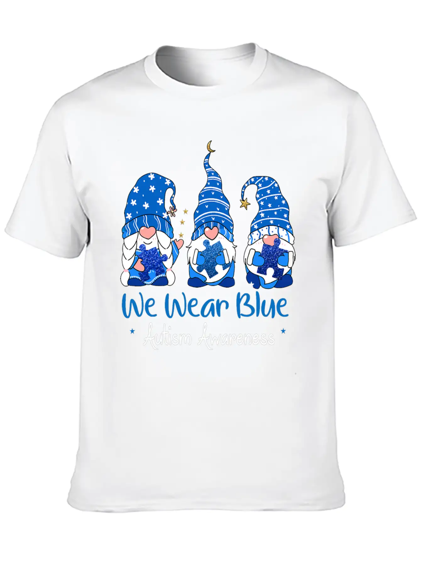 Three Gnomes Holding Blue Puzzle Autism Awareness Stylish Everyday T-Shirt – Unisex Basic Cotton Tee
