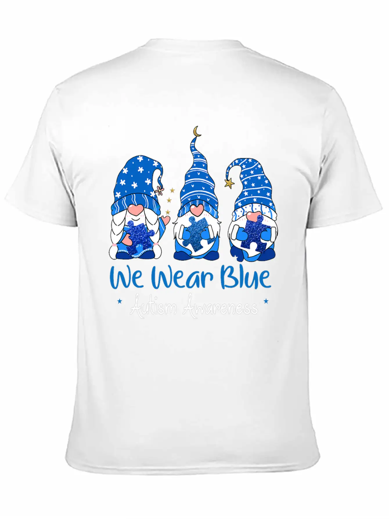 Three Gnomes Holding Blue Puzzle Autism Awareness Stylish Everyday T-Shirt – Unisex Basic Cotton Tee