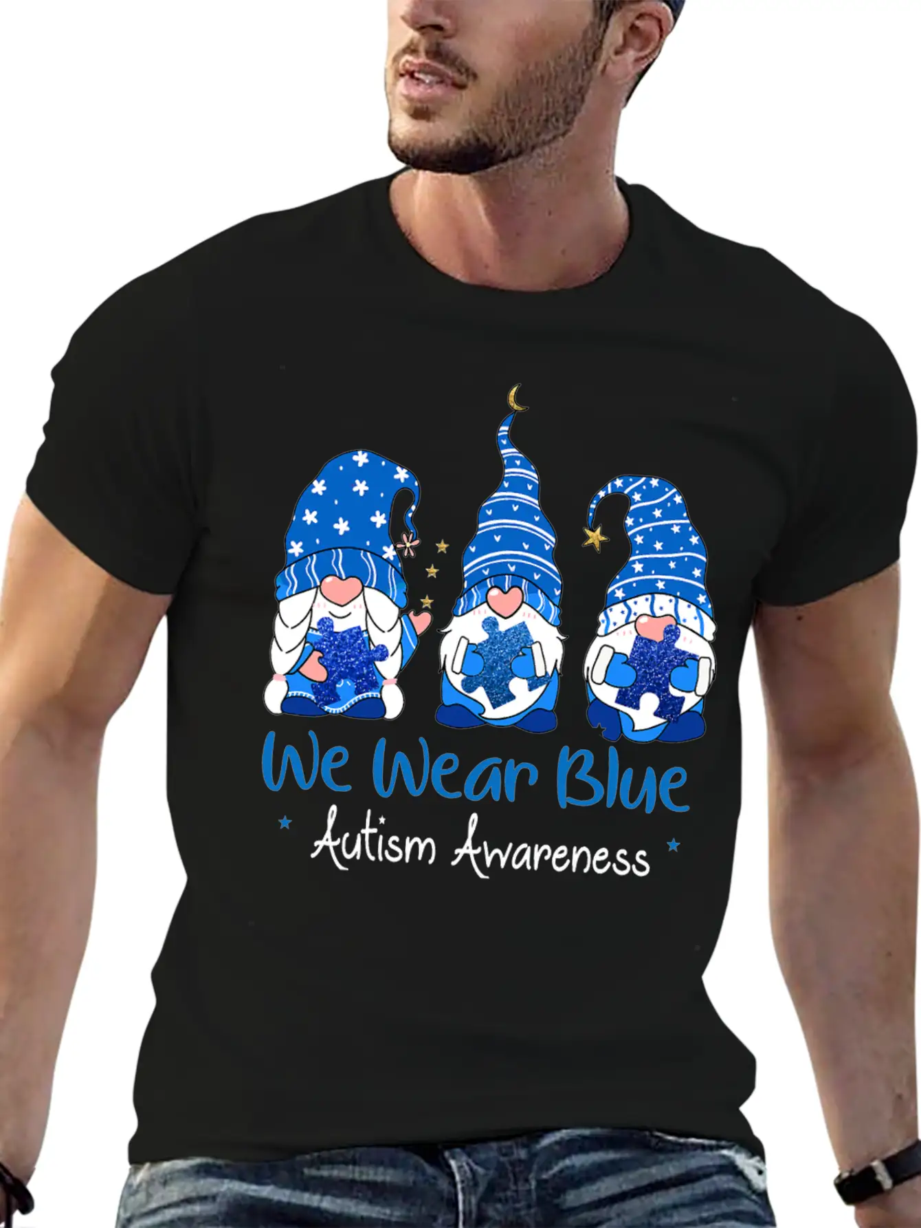Three Gnomes Holding Blue Puzzle Autism Awareness Stylish Everyday T-Shirt – Unisex Basic Cotton Tee
