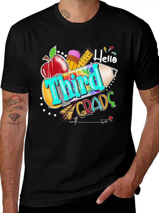 Tie Dye Pencil Hello Third Grade Cute First Day Unisex Short Sleeve Soft Cotton T-Shirt – Casual Everyday Wear