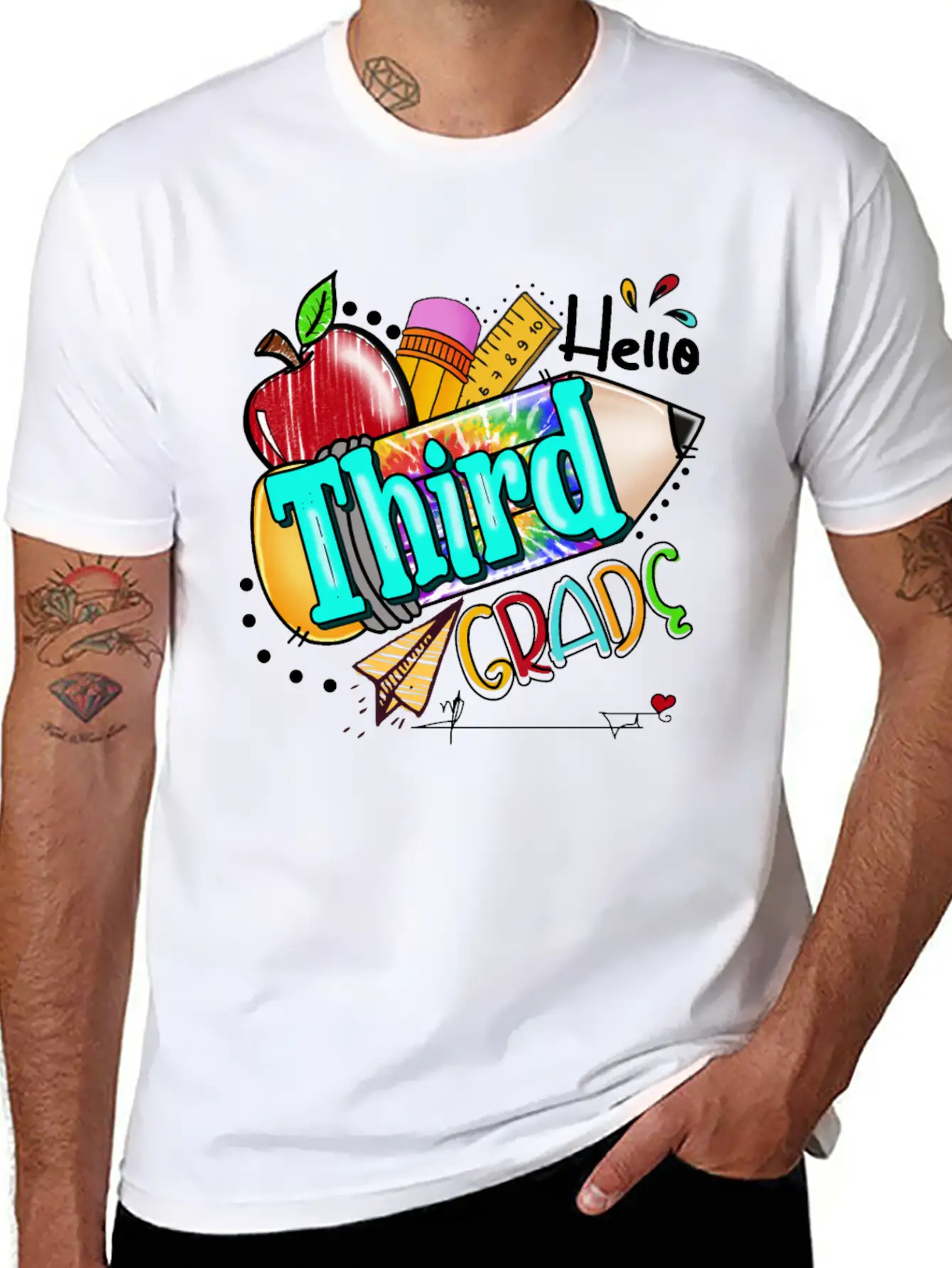Tie Dye Pencil Hello Third Grade Cute First Day Unisex Short Sleeve Soft Cotton T-Shirt – Casual Everyday Wear