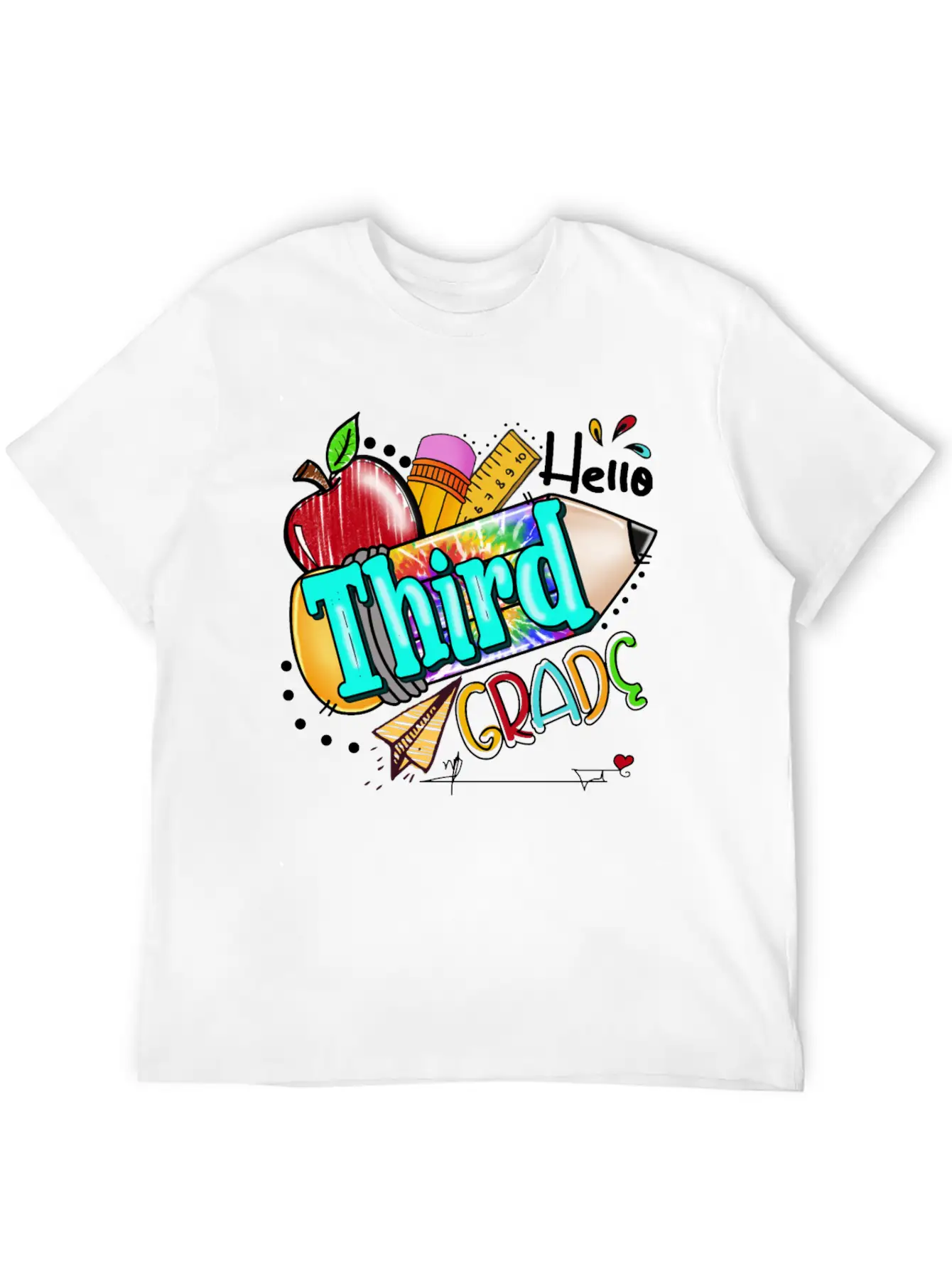 Tie Dye Pencil Hello Third Grade Cute First Day Unisex Short Sleeve Soft Cotton T-Shirt – Casual Everyday Wear