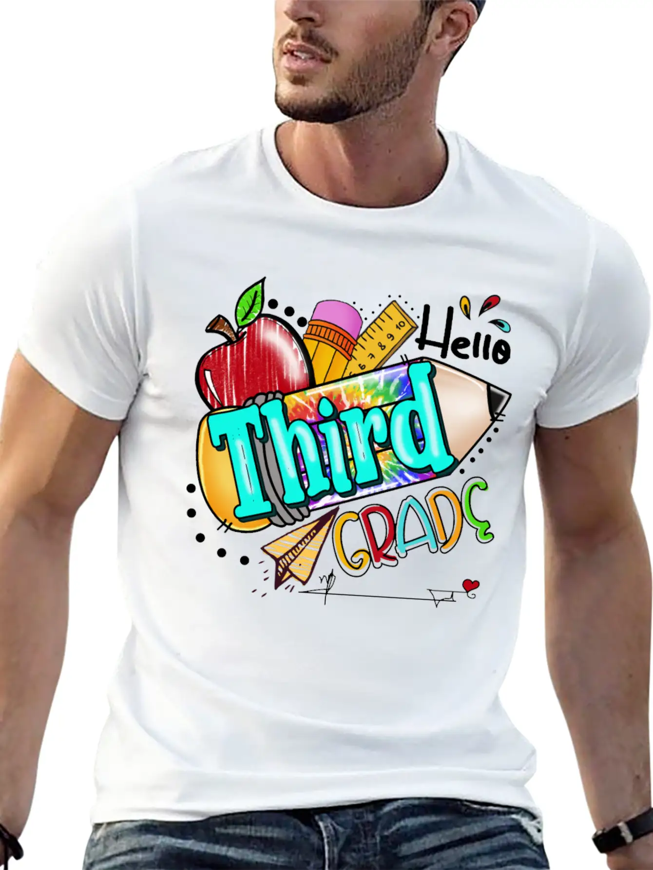 Tie Dye Pencil Hello Third Grade Cute First Day Unisex Short Sleeve Soft Cotton T-Shirt – Casual Everyday Wear