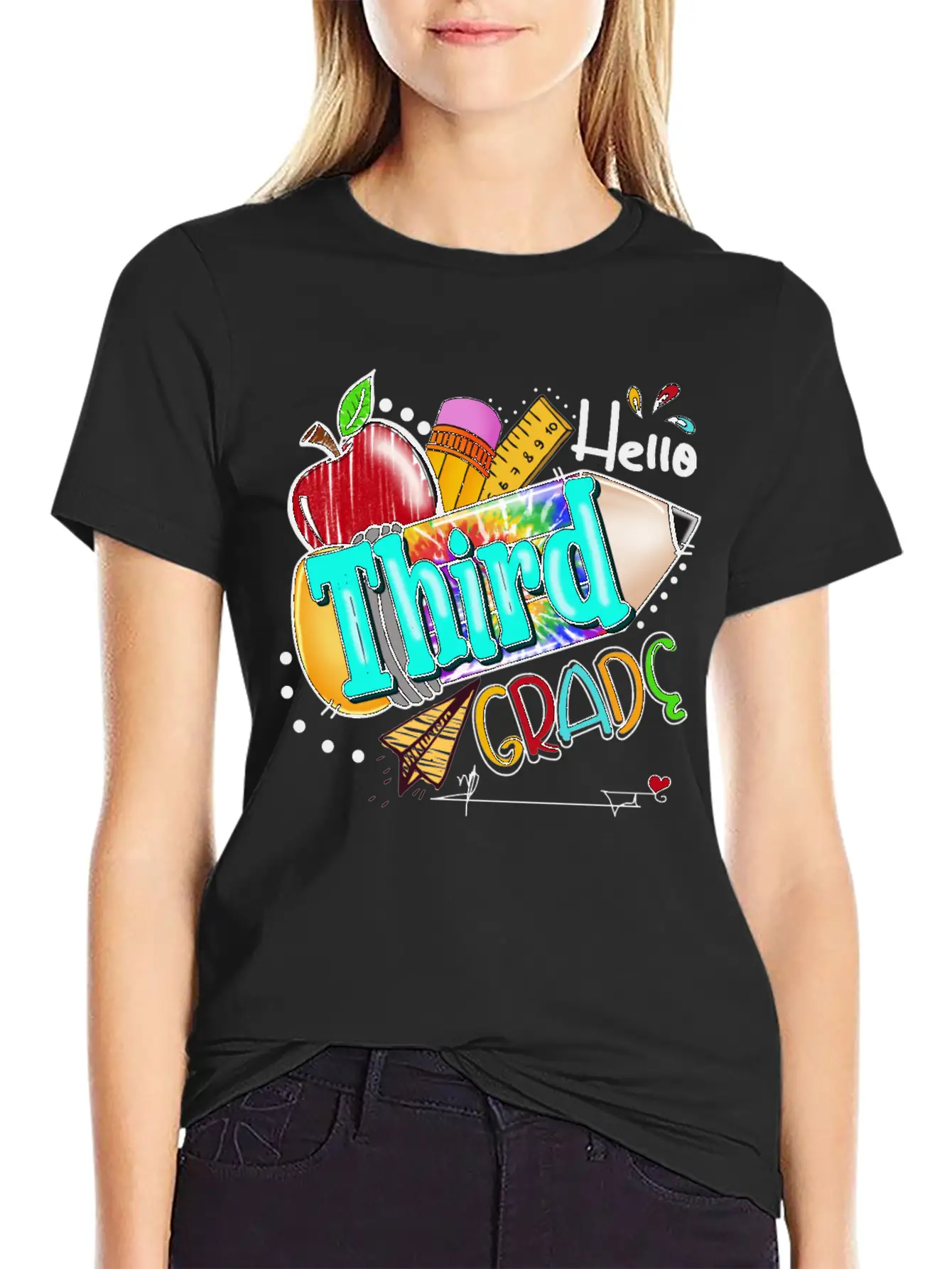 Tie Dye Pencil Hello Third Grade Cute First Day Unisex Short Sleeve Soft Cotton T-Shirt – Casual Everyday Wear