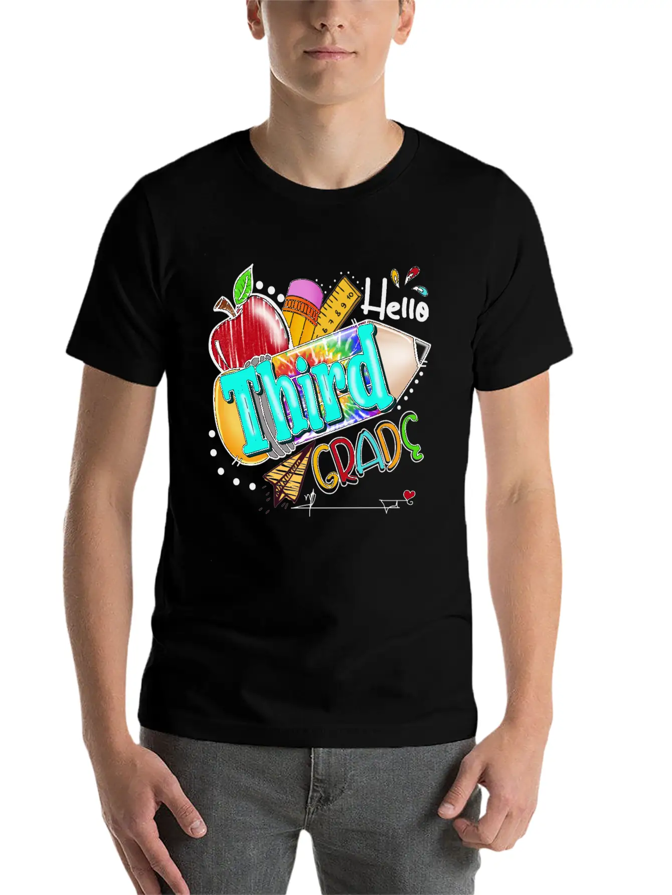Tie Dye Pencil Hello Third Grade Cute First Day Unisex Short Sleeve Soft Cotton T-Shirt – Casual Everyday Wear