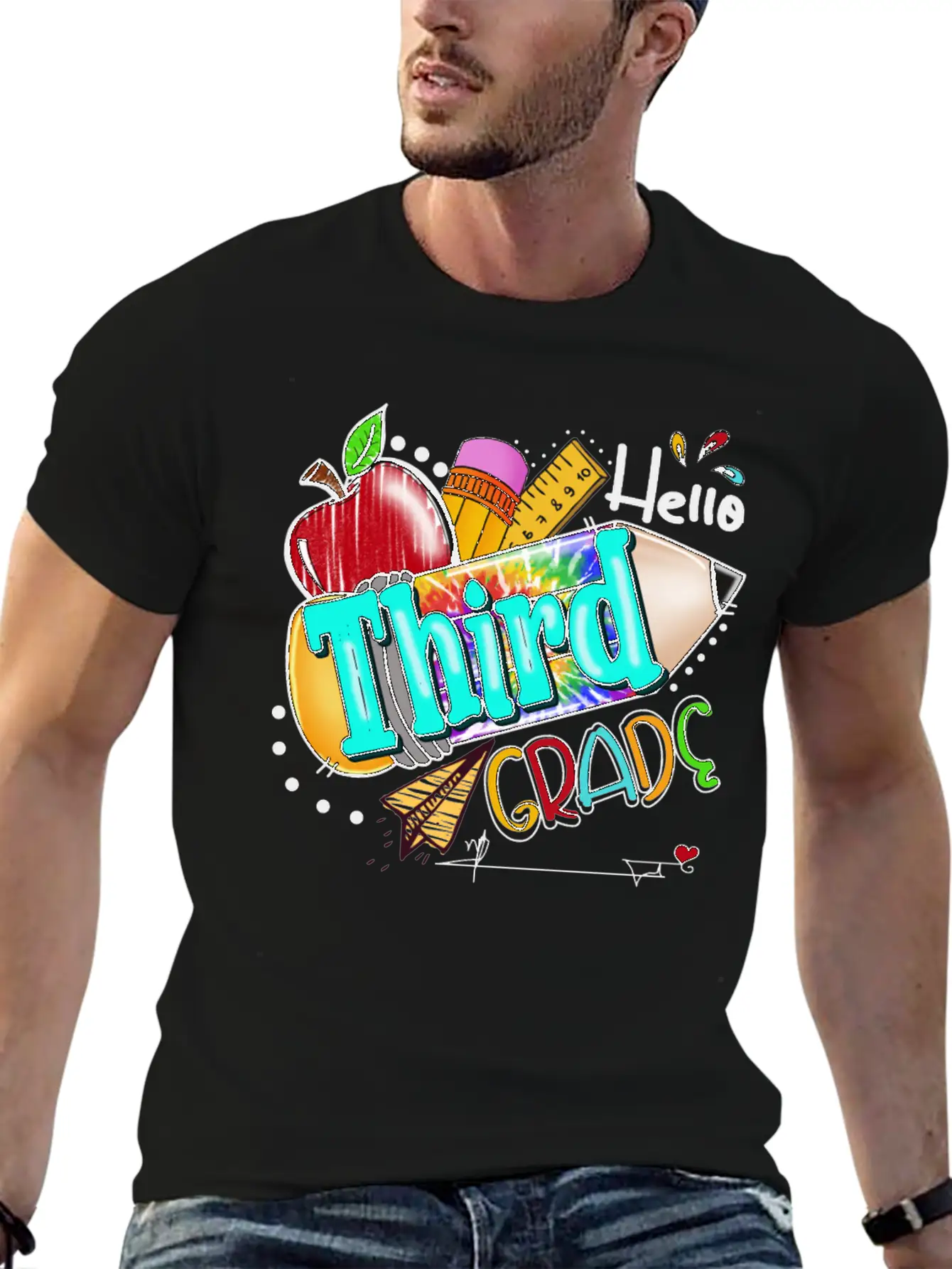 Tie Dye Pencil Hello Third Grade Cute First Day Unisex Short Sleeve Soft Cotton T-Shirt – Casual Everyday Wear