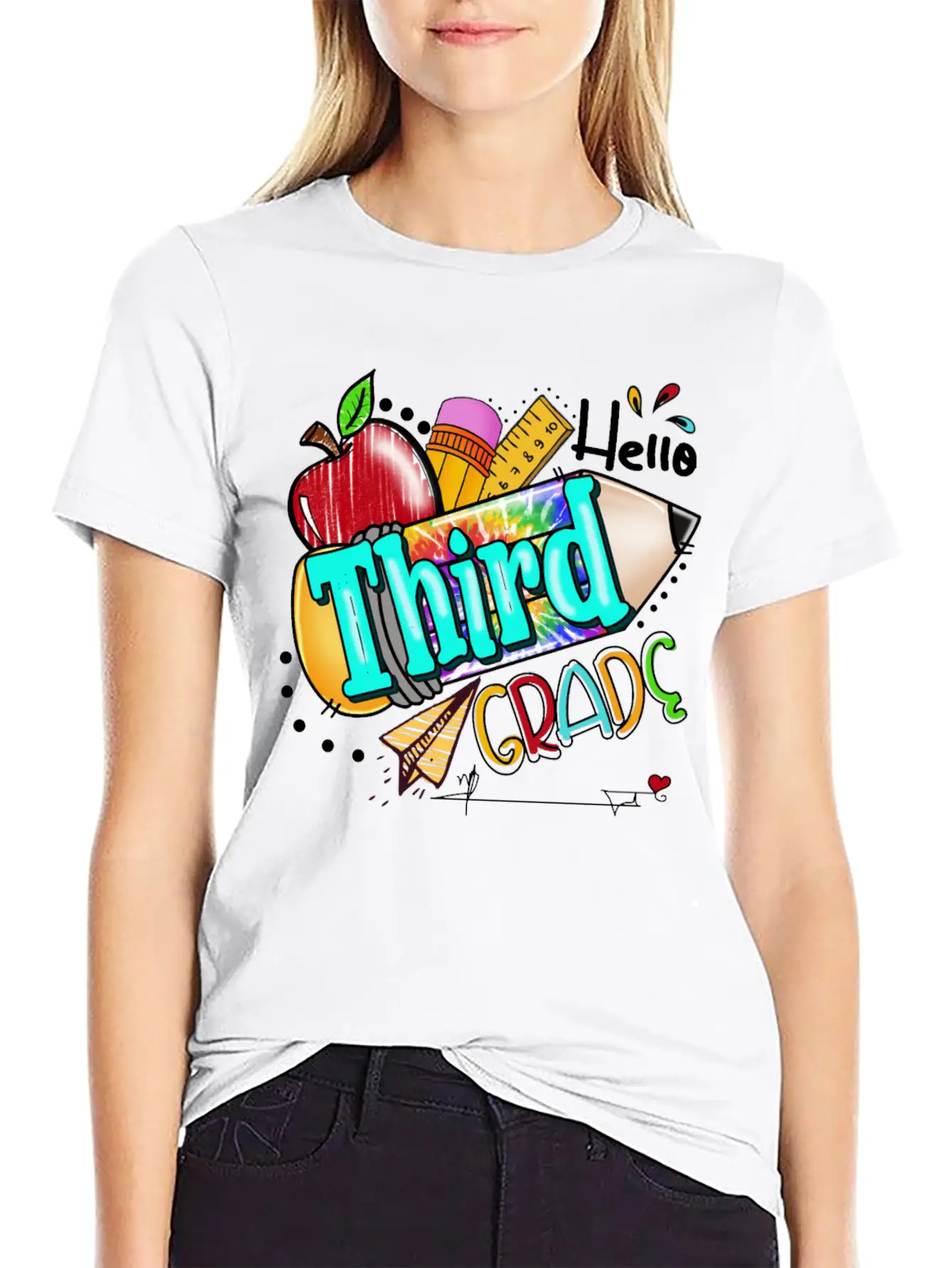 Tie Dye Pencil Hello Third Grade Cute First Day Unisex Short Sleeve Soft Cotton T-Shirt – Casual Everyday Wear